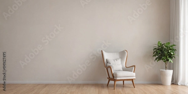 Fototapeta Modern retro concept of home interior with design sofa, armchair, coffee table, plants, carpet and personal accessoreis. Stylish home decor of living room.