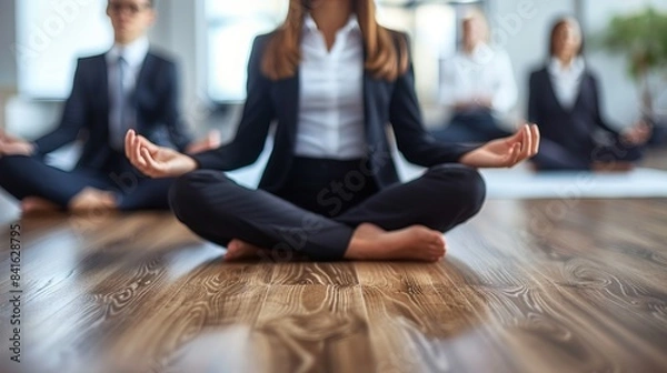Obraz A group of business people in suits meditate in a modern office setting