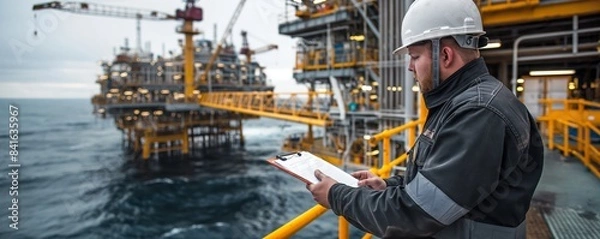 Obraz Engineer with clipboard at offshore platform