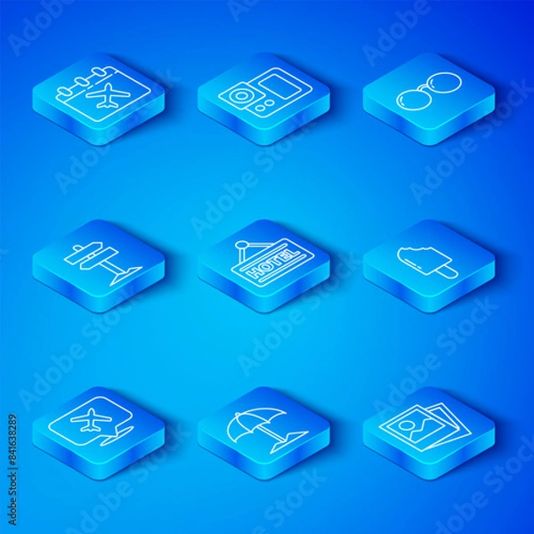 Fototapeta Set line Speech bubble with airplane, Signboard text Hotel, Sun protective umbrella for beach, Ice cream, Glasses, Road traffic signpost, Calendar and and Photo icon. Vector