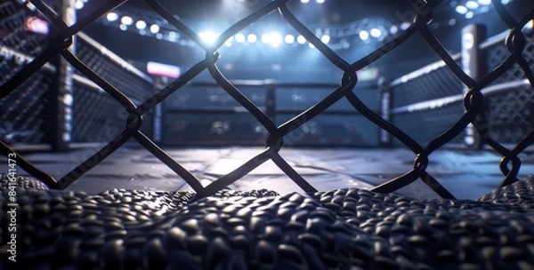 Obraz Ufc cage with black ropes and an empty stage in the background