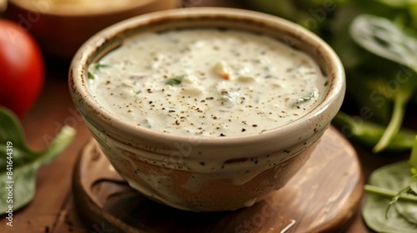 Fototapeta Fresh Homemade Basil Vinaigrette with Tomatoes and Greens. Caesar Dressing