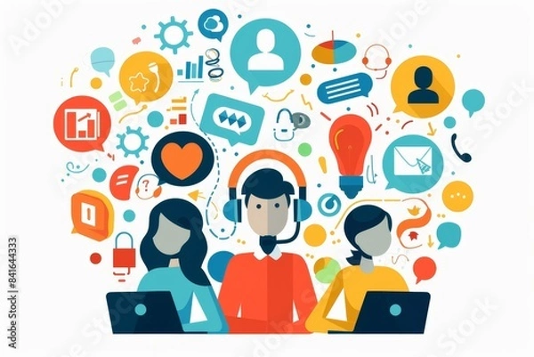Fototapeta Multicultural Call Center Team with Technology Icons