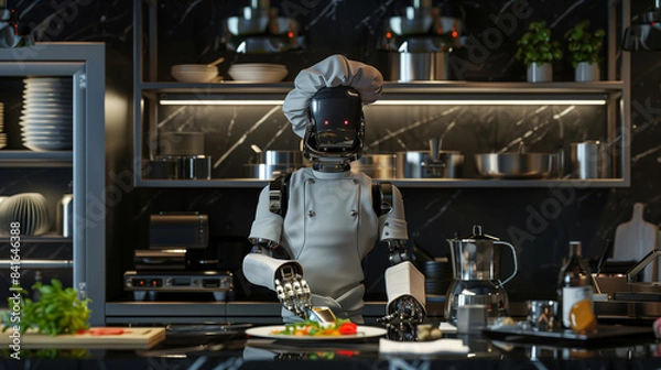 Fototapeta A high-class restaurant kitchen, where the chef in the form of an advanced AI robot prepares exquisite dishes with precision and speed.