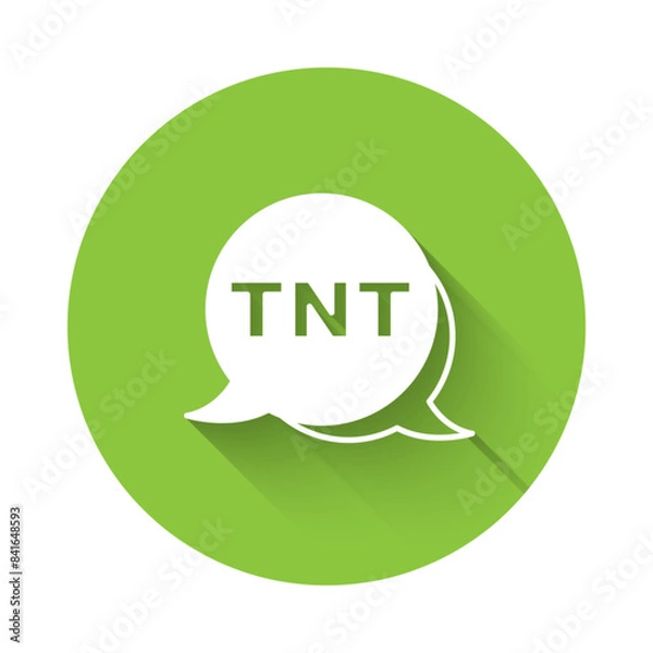 Obraz White Detonate dynamite bomb stick icon isolated with long shadow background. Time bomb - explosion danger concept. Green circle button. Vector