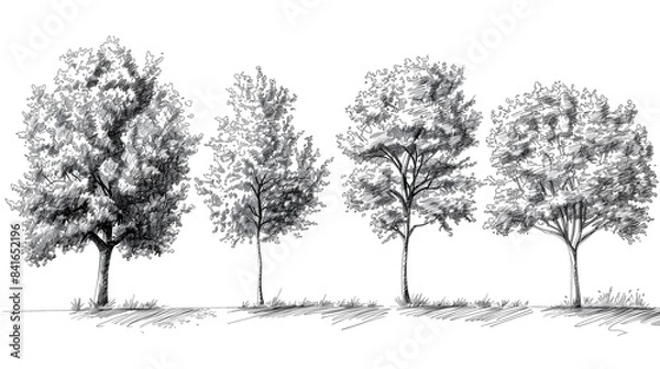 Fototapeta Drawing trees for landscape design. Vector illustration, hand drawn. Set of tree sketches isolated on white.[A-0004]