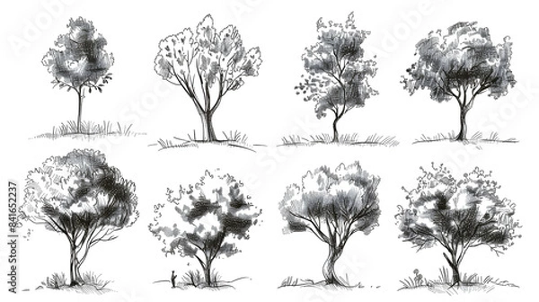 Fototapeta Drawing trees for landscape design. Vector illustration, hand drawn. Set of tree sketches isolated on white.[A-0002]