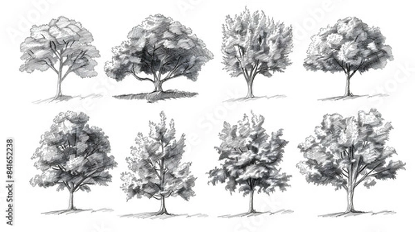 Fototapeta Drawing trees for landscape design. Vector illustration, hand drawn. Set of tree sketches isolated on white.[A-0003]