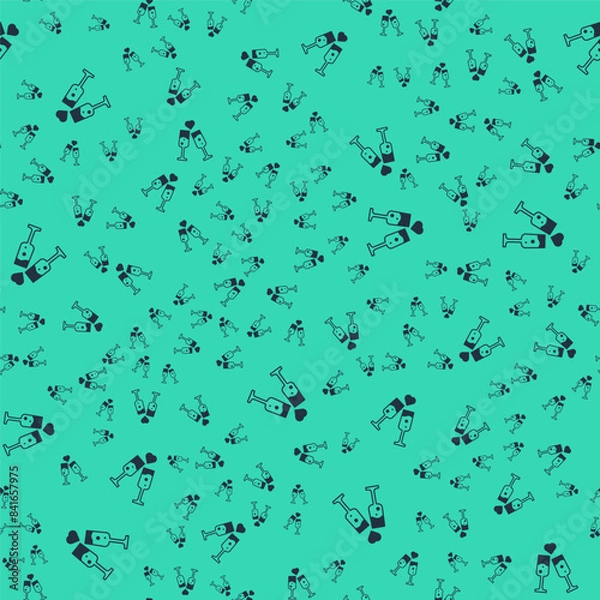 Fototapeta Black Glass of champagne icon isolated seamless pattern on green background. Happy Valentines day. Vector