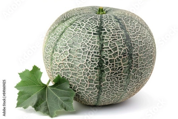 Obraz Cantaloupe with leaf on white background