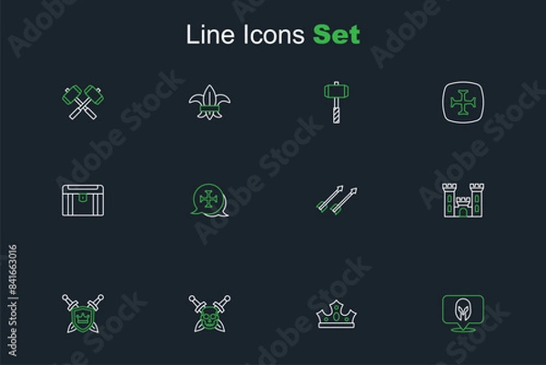 Fototapeta Set line Medieval helmet, King crown, Skull with sword, Shield swords, Castle, arrows, Crusade and Antique treasure chest icon. Vector