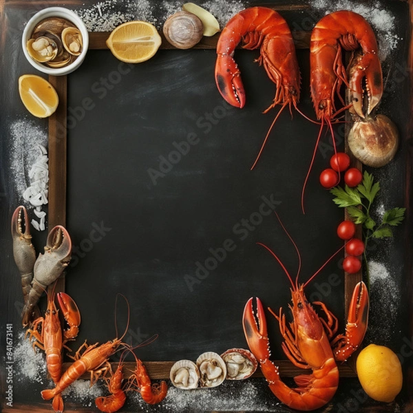 Fototapeta Chalk board with seafood Menu