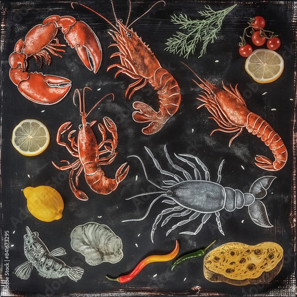 Fototapeta pattern with seafood on chalk board