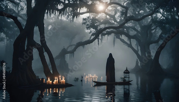 Fototapeta Voodoo priestess summons ancient powers in misty bayou