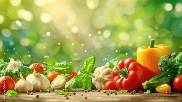Fototapeta Healthy Eating Concept with Fresh Vegetables and Organic Foods on Menu Background