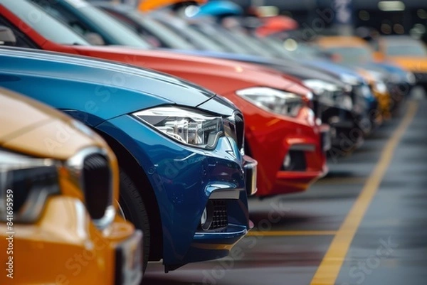 Fototapeta A line of vibrant modern vehicles in varied metallic colors parked neatly in an urban dealership lot, including blue, red, orange, and yellow cars, showcasing a range of new models