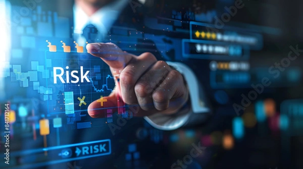 Fototapeta A businessman touching on the virtual screen with text Risk 