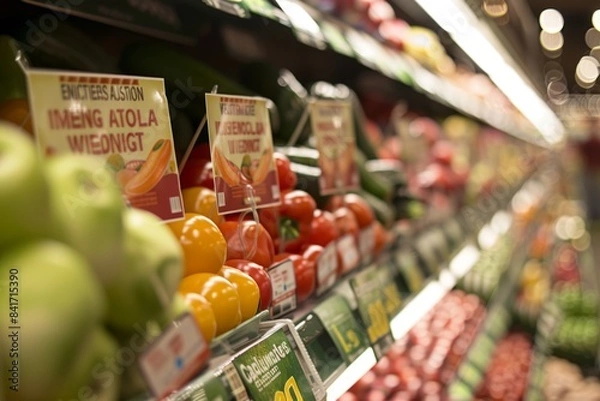 Fototapeta Supermarket Produce Display Highlighting Benefits of Genetically Modified Foods With Customer Reactions