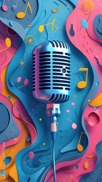 Obraz A microphone is placed on a colorful background with musical notes
