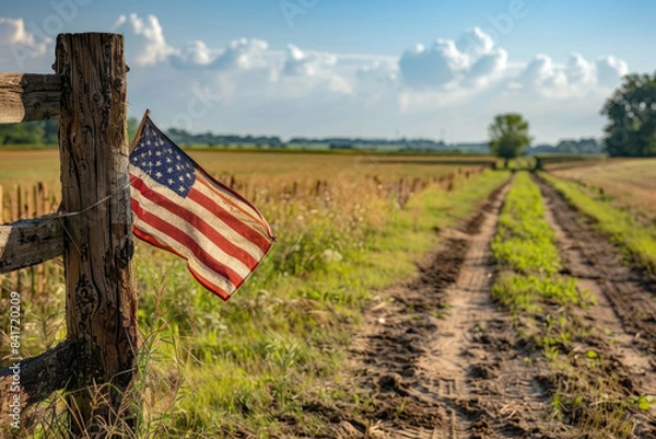 Obraz Close-up of an American flag hanging on a rustic wooden fence in a rural area. A backdrop of sunny blue skies and green fields symbolizing the heartland of America.