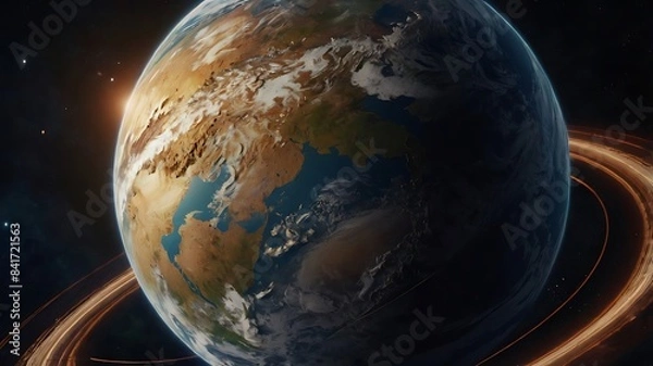 Fototapeta Earth revolving against a striking blue and black background.