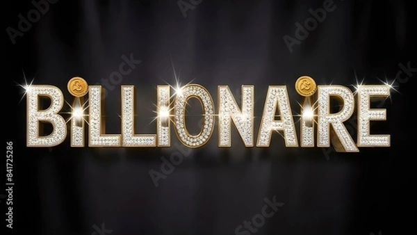 Fototapeta Billionaire text, white and gold, luxury text effect style on dark background, 3d, glowing, shiny, 
