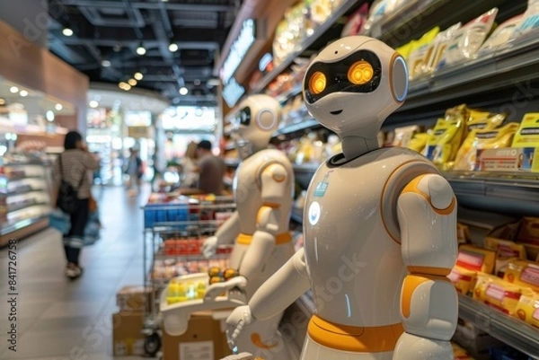 Fototapeta Robots assisting customers in a supermarket, showcasing automation in retail with futuristic design.