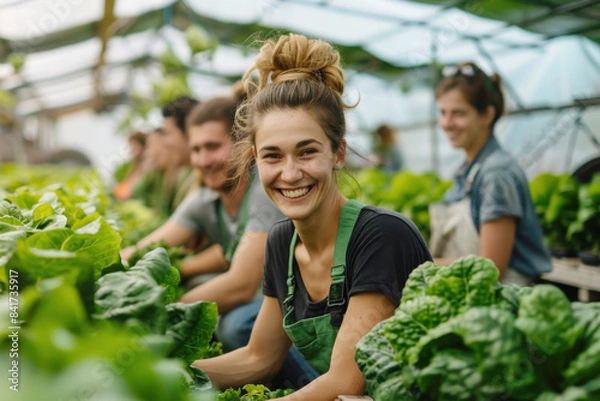 Fototapeta Smart Farming Delight: Happy Farmers Using Sensors and Automation in a Lush Greenhouse