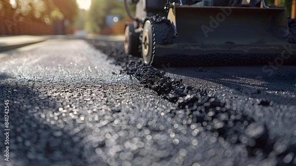 Fototapeta Meticulously Paving the Way:Skilled Construction Worker Lays Smooth Asphalt Roads and Pathways