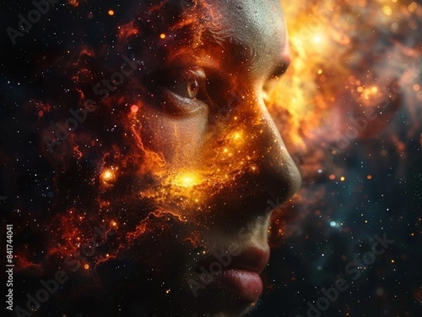 Fototapeta Cosmic Beauty: Ultra HD Close-Up of Vivid Nebula with Double Exposure Planets Silhouette Against Copy Space Background