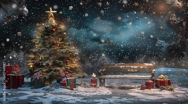 Fototapeta Enchanting Winter Wonderland: Festive Bench in Snowy Christmas Scene