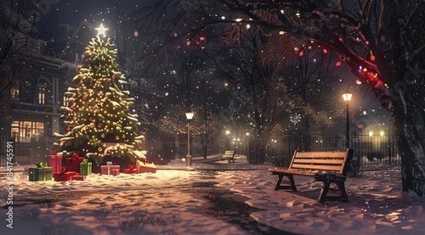 Fototapeta Enchanting Winter Wonderland: Festive Bench in Snowy Christmas Scene
