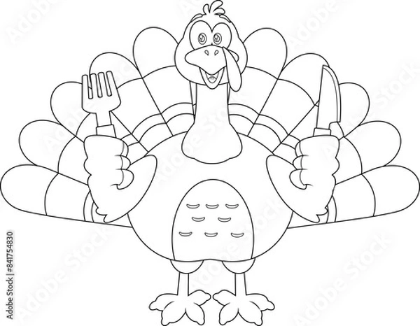 Fototapeta Outlined Happy Thanksgiving Turkey Bird Cartoon Character With Knife And Fork. Vector Hand Drawn Illustration Isolated On Transparent Background