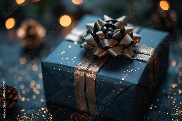 Fototapeta A black gift box adorned with a golden ribbon and bow against a dark bokeh background, isolated.