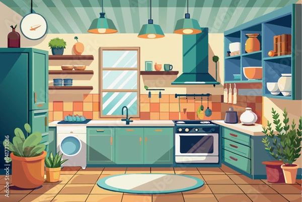 Fototapeta The kitchen interior. is furnished with colorful cabinets, shelves and appliances including a refrigerator, oven and sink. There is also a kitchen island with chairs and decorative elements such as pl