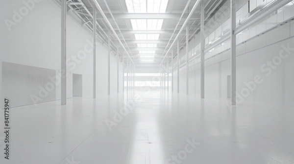 Fototapeta An empty big white clean warehouse. Background image. Created with Generative AI technology.