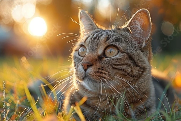 Fototapeta Beautiful tabby cat laying in grass during sunset, with golden light highlighting its fur. A perfect snapshot of feline serenity and nature.