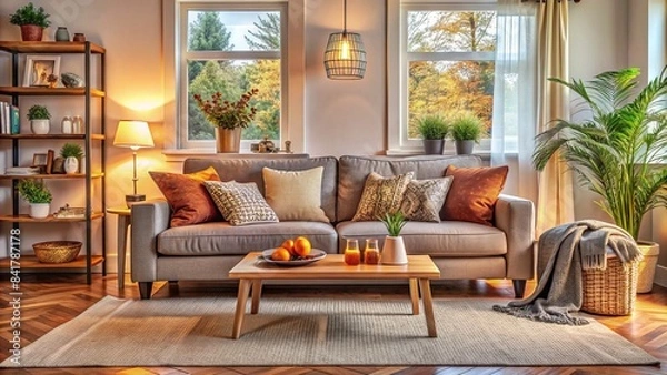 Fototapeta Cozy living room interior with a comfortable couch, throw pillows, and a warm atmosphere, conveying relaxation, happiness, and a healthy lifestyle.