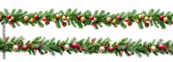 Obraz  Christmas background with fir branches and balls on white