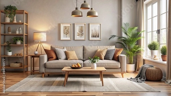 Fototapeta Cozy living room interior with stylish furniture, empty sofa, and neutral decor, conveying a sense of warmth and comfort in a newly acquired home.