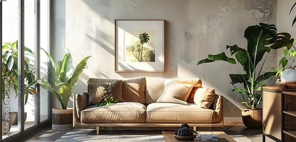 Fototapeta sleek interior frame background with text copy space on the wall sofa set bedrooms' and marble wall background with abstract sleek interior lovely background fully furnished  