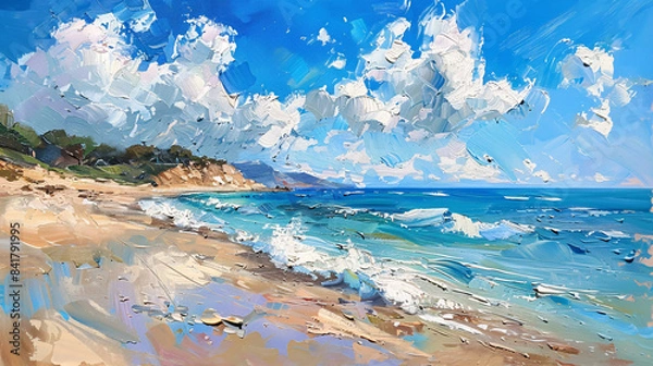 Fototapeta Abstract style oil painting of a cloudy beach landscape

