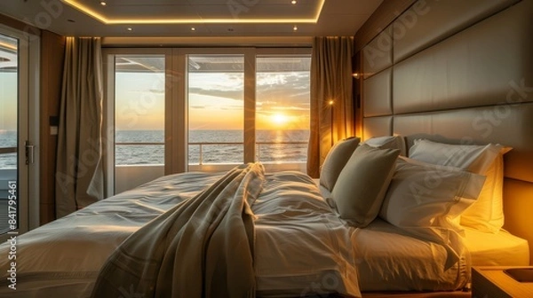 Fototapeta Comfy king size bed in luxury hotel room with sunset sea view