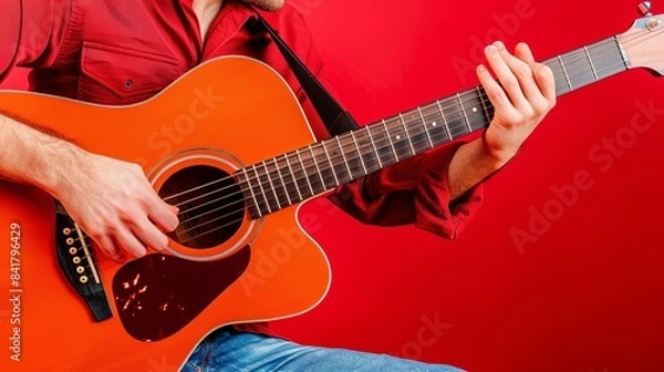 Fototapeta A man in jeans and a red shirt is playing the guitar, red background. Close-up shot