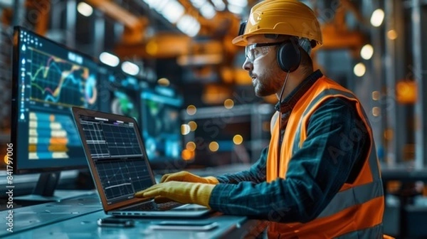 Fototapeta Male industrial engineer with a helmet working at a computer