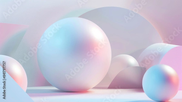 Fototapeta A serene arrangement of spheres and geometric forms basking in a soft gradient light, exuding calm with pastel hues of pink, blue, and white.