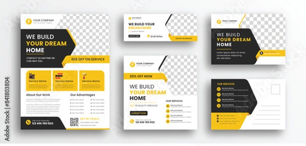 Fototapeta Construction marketing collateral set. Included Construction flyer design, Social media banner design, web banner design, post card design. Print template layout design vector.
