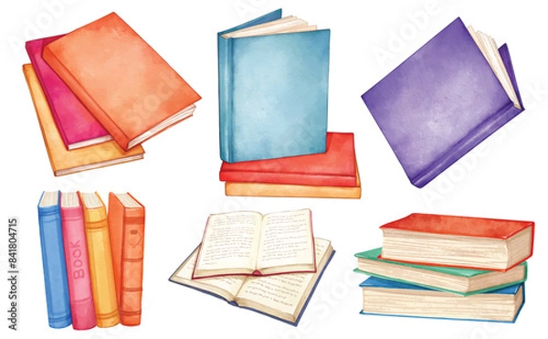 Fototapeta Stack of books. School Study books pile. Education book heap. Textbook stack for reading. hand drawn watercolor set