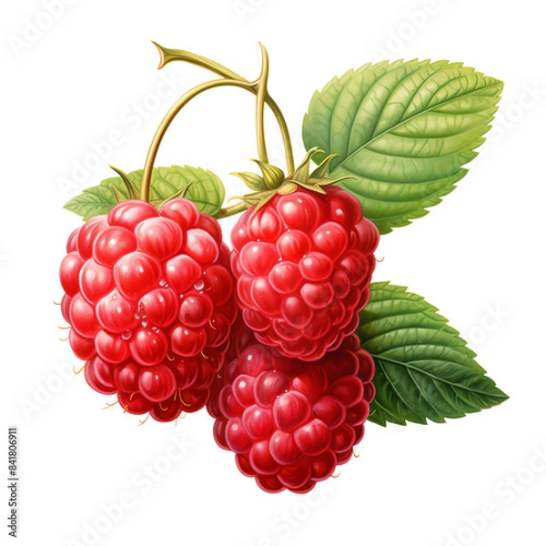 Obraz Close-up illustration of fresh, ripe raspberries with vibrant red color and green leaves. Perfect for fruit and nature-themed projects.