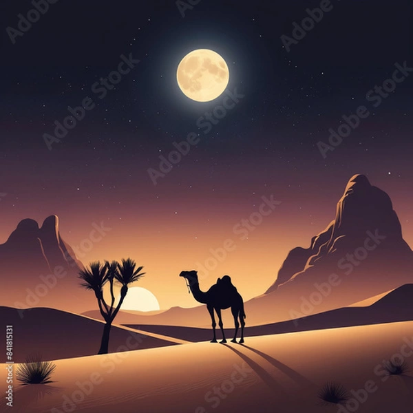 Obraz  A serene desert landscape at night with a crescent moo 3